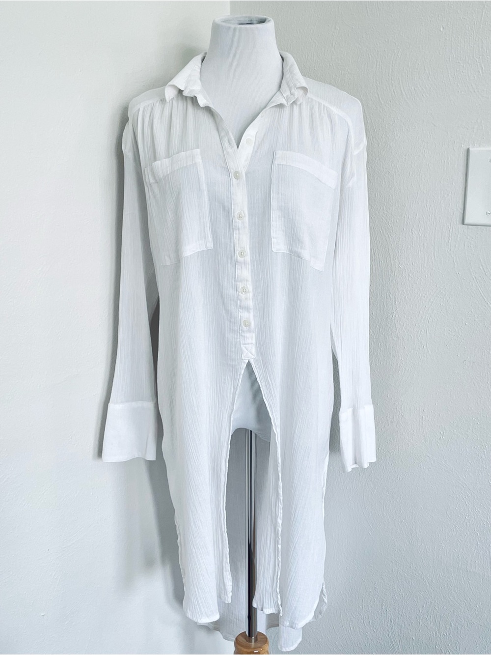 Anthropologie White Cotton Crinkle Gauze Flyaway Split Tunic Shirt Dress S